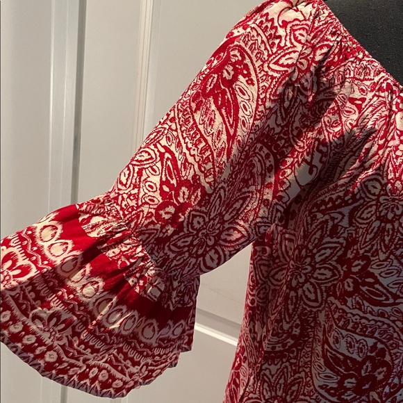 Umgee Off Shoulder Mini Dress Women Size S Girlhood-core Boho Red Cream Paisley - Picture 8 of 14